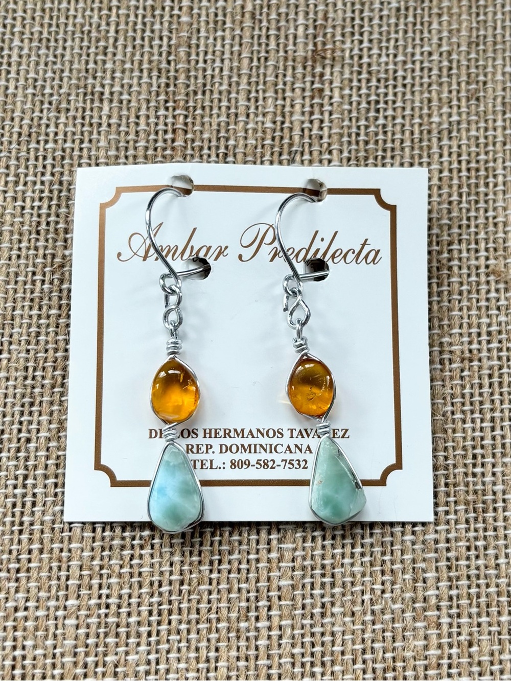 Vintage Domenican Genuine Amber and Larimar Drop Earrings